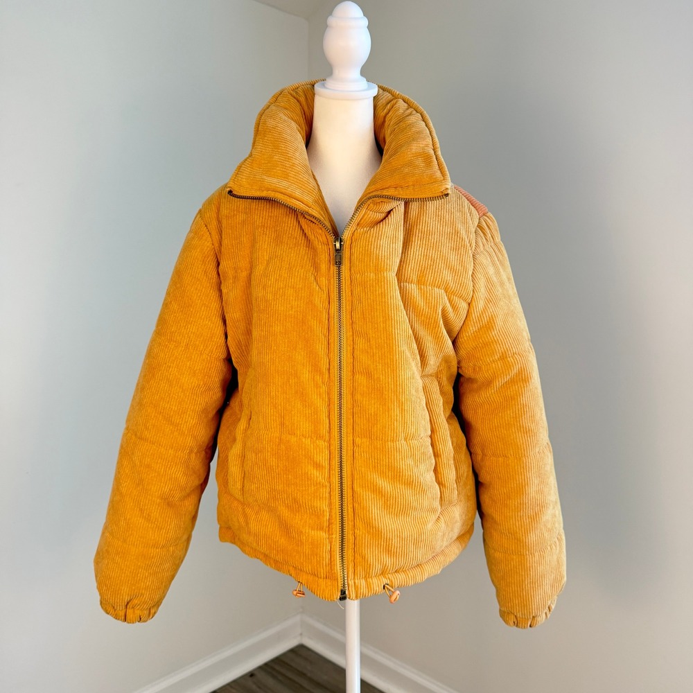 Ghanda Corduroy Puffer Jacket Women Medium Mustard Yellow Quilted Gorpcore Retro - Picture 6 of 11
